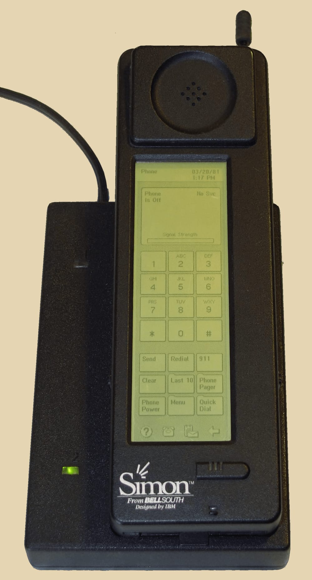 The IBM Simon, its screen showing dialing buttons.